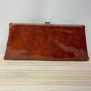 Vintage 60s Brown Patent Long Clutch Handbag Pocketbook Gold Tone Bar Close